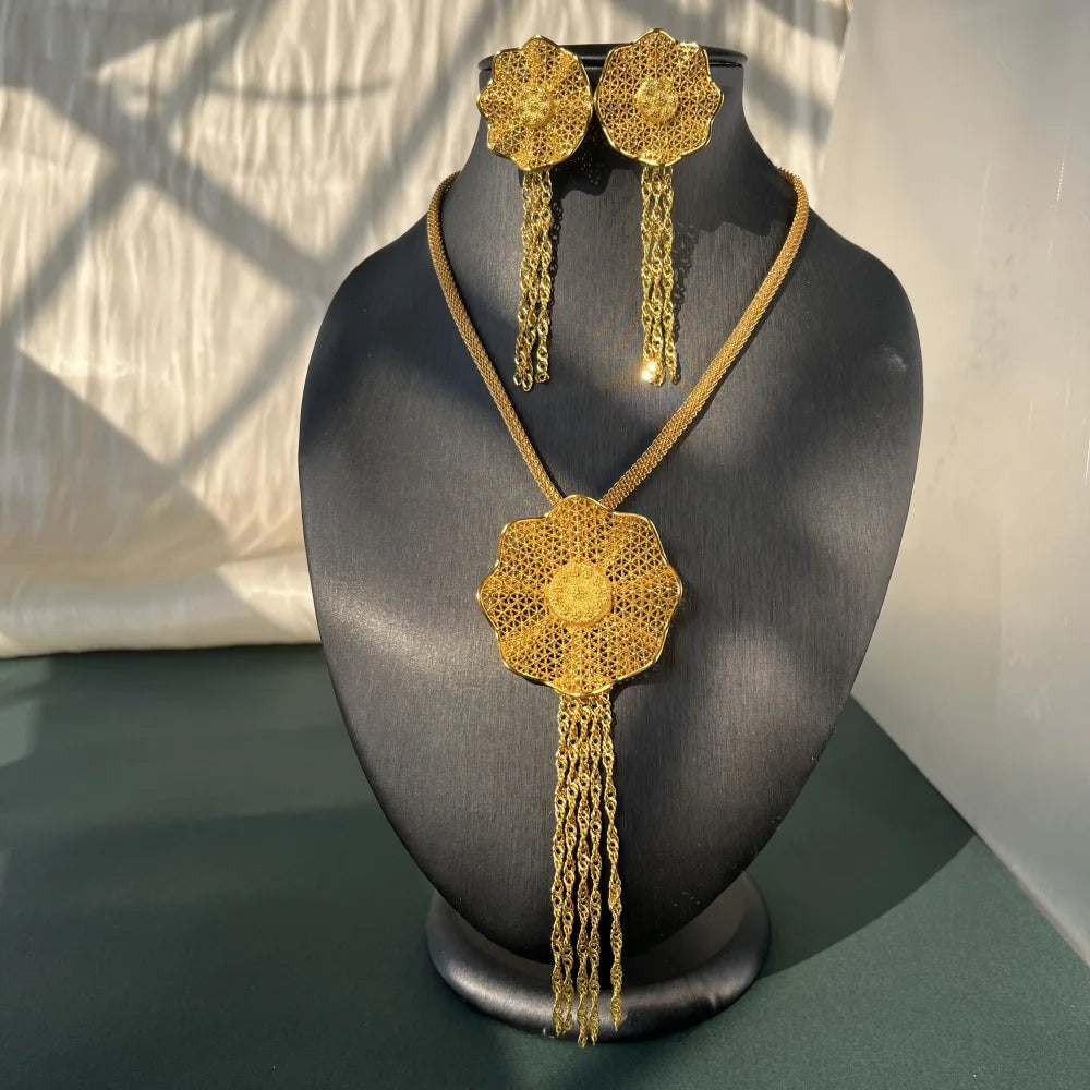 Nigerian Jewelery Set Wedding Jewelry For Women Dubai 24K Gold Color Jewlery African Designer Earrings Bridal Necklace