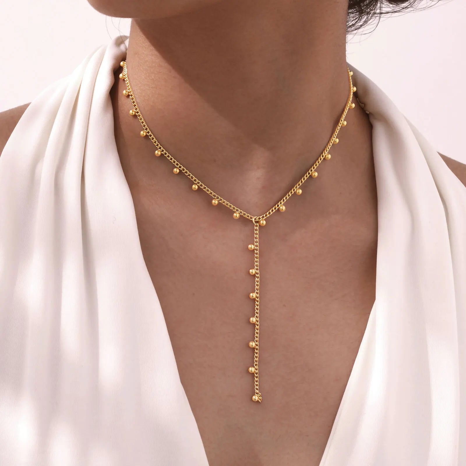 Prjewel Simple Beads Y-Shaped Tassel Necklace For Women Gold Color Frame Chain Necklaces Fashion Stainless Steel Jewelry New