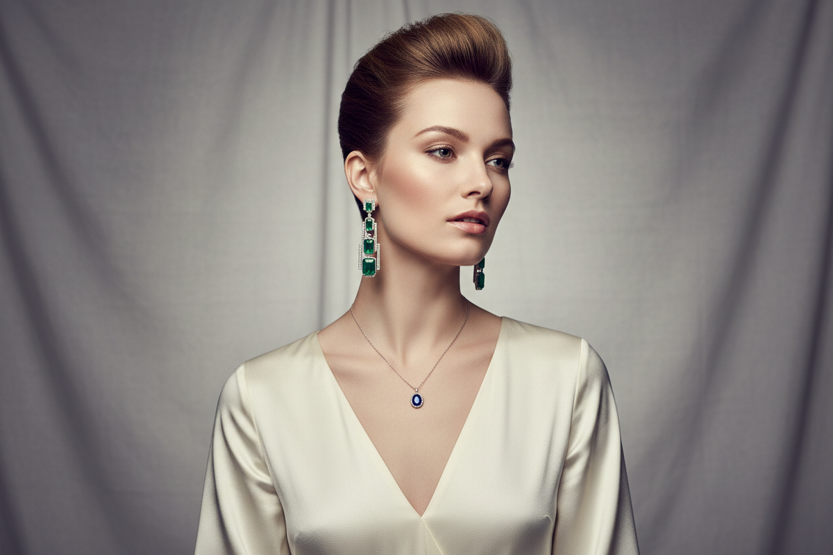 A imae of a wiome wearung earing and chain